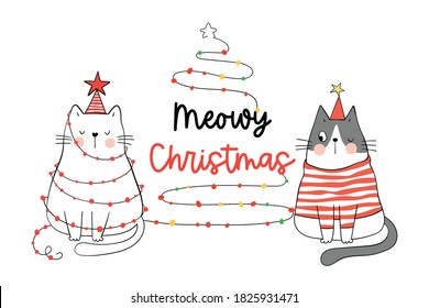 Draw vector illustration banner meowy Christmas For winter and New year.Doodle cartoon style.