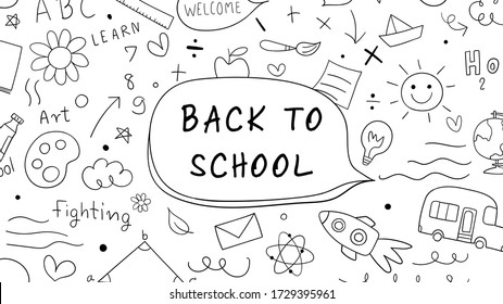 Draw vector illustration banner outline of objects and icon on white.For back to school.Doodle kid style.