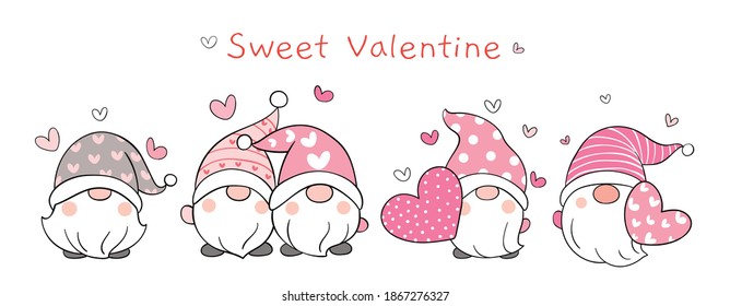 Draw vector illustration banner sweet gnomes in love For Valentine day Doodle cartoon style 