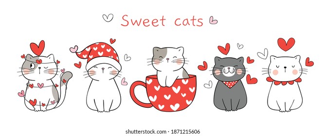 Draw vector illustration banner sweet cat in love For Valentine day.Doodle cartoon style.