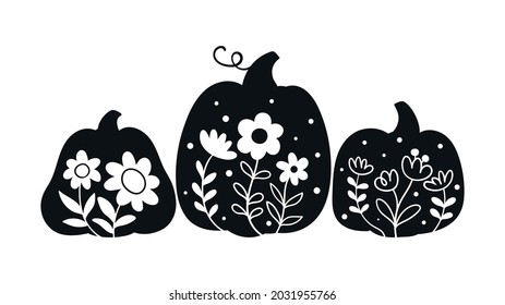 Draw vector illustration black color floral pumpkin silhouette for autumn and fall season Cute wildflower