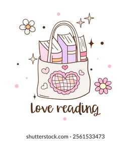 Draw vector illustration book in bag Lover bookish Love reading Printable for shirt Doodle cartoon style