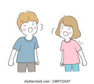 Draw vector illustration a boy and girl quarreling so angry and shouting to friend.Isolated on white.Doodle cartoon style.