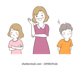 Draw vector illustration a boy and girl quarreling so angry and mother talking something.Isolated on white.Doodle cartoon style.