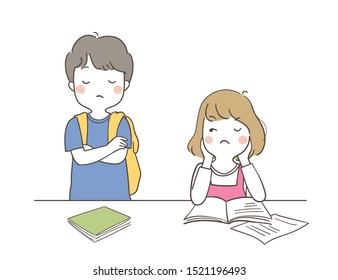 Draw vector illustration a boy and girl quarreling so angry in classroom.Isolated on white.Doodle cartoon style.