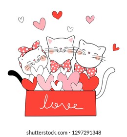 Draw vector illustration cat in gift box red color for Valentine's day.Isolated on white.Doodle cartoon style.