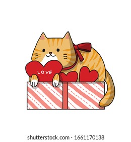 Draw vector illustration of cat in a pink gift box full of heart for valentine's day. Isolated vector