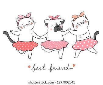 Draw vector illustration cat and pug dog holding hands Best friends concept.Isolated on white.Doodle cartoon style.