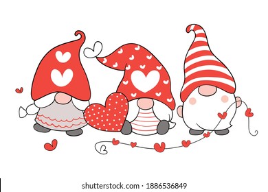 Draw vector illustration character adorable gnomes with little red heart for Valentine day.Cartoon style.