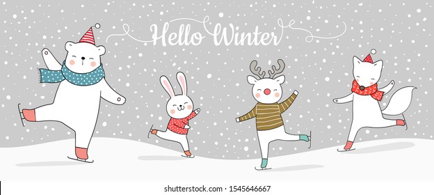 Draw vector illustration character banner funny animal playing in snow for Christmas and new year and word hello winter.Doodle cartoon style.