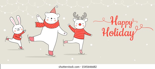 Draw vector illustration character banner cute animal for Christmas and new year and word happy holiday.Doodle cartoon style.