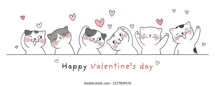 Dibuja la ilustración vectorial banner felino feliz para el día de San Valentín. Concepto de amor. Estilo de caricatura de Doodle.