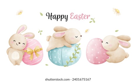 Draw vector illustration character banner  baby bunny with egg flower For Easter Spring Invitation card Poster Template Watercolor style