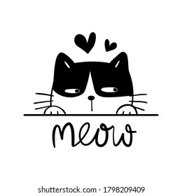 Dibujar ilustración vectorial personaje gato negro con palabra mow para la impresión de archivo cortado en camiseta,producto.