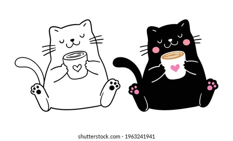 Draw vector illustration character black cat with coffee Printable shirt for cutting file Cartoon style