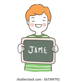 Draw vector illustration character a boy write name first day on board at school.Doodle style.