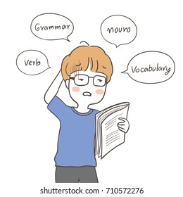 Draw vector illustration character of a boy confused to read English and speech bubble.Doodle cartoon style.