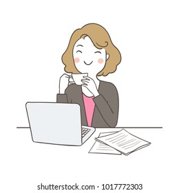 Draw vector illustration character business woman happy drink coffee in relax time at her desk.Doodle cartoon style.
