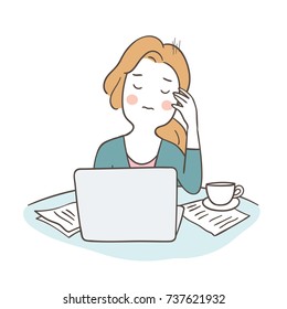 Draw vector illustration character business woman headache from work hard.Doodle cartoon style.