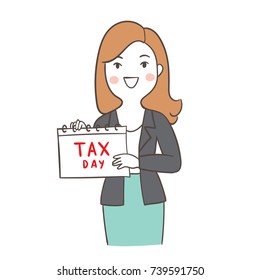 Draw vector illustration character business woman holding paper write word tax red color.Doodle cartoon style.