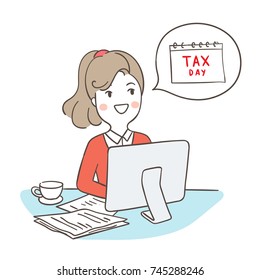 Draw vector illustration character business woman calculate tax at her desk and speech bubble.Doodle cartoon style.