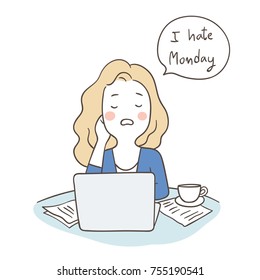 Draw vector illustration character business woman saying I hate Monday in speech bubble.Doodle cartoon style.