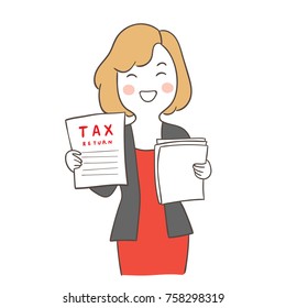 Draw vector illustration character business woman explain about Tax return.Doodle cartoon style.