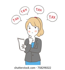 Draw vector illustration character business woman thinking about Tax return with speech bubble.Doodle cartoon style.