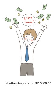 Draw vector illustration character business man happy about his bonus and red word in speech bubble.Doodle cartoon style.