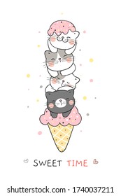 Draw vector illustration character cat sleeping in ice cream cones for summer.Doodle cartoon style.