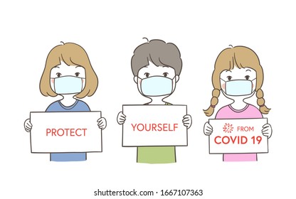 Draw vector illustration character children a boy and a girl holding board write protect yourself Health concept.Doodle cartoon style.