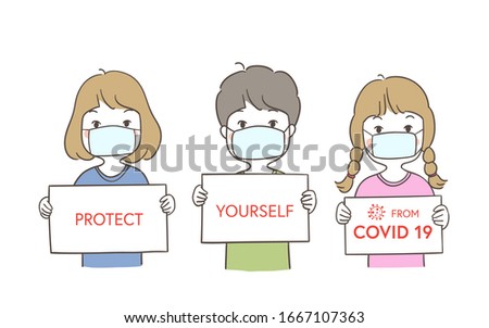 Draw vector illustration character children a boy and a girl holding board write protect yourself Health concept.Doodle cartoon style.