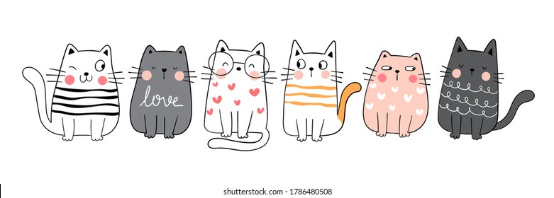 Draw vector illustration character collection cute cat.Doodle cartoon style. - Shutterstock ID 1786480508