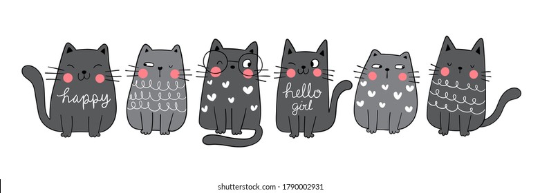 Draw Vector Illustration Character Collection Funny Black Cat.Doodle Cartoon Style.