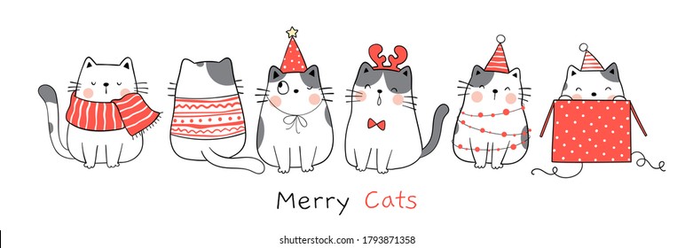 Draw vector illustration character collection funny cat for Christmas and New year.Doodle cartoon style.