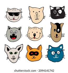 Draw vector illustration character collection cute cats. Doodle cartoon style. Set characters.
Cats heads emoticons vector.