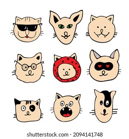 Zeichnen Sie Vektorgrafik-Zeichensammlung süße Katzen. Doodle Cartoon Stil. Legen Sie Zeichen fest.
Katzen Kopf Emoticons Vektor.