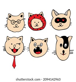 Draw vector illustration character collection cute cats. Doodle cartoon style. Set characters.
Cats heads emoticons vector.
