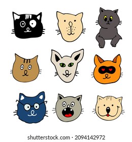 Draw vector illustration character collection cute cats. Doodle cartoon style. Set characters.
Cats heads emoticons vector.