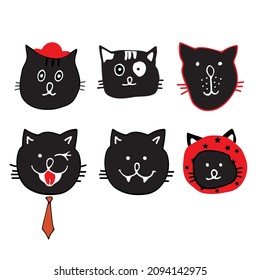 Draw vector illustration character collection cute black cats. Doodle cartoon style. Set characters.
Cats heads emoticons vector.