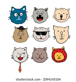Draw vector illustration character collection cute cats. Doodle cartoon style. Set characters.
Cats heads emoticons vector.
