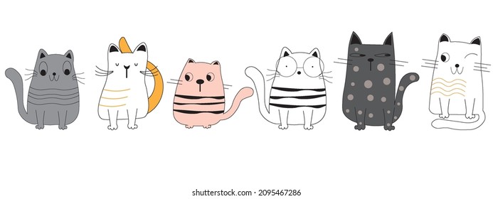 Dibujar ilustración vectorial colección de caracteres lindo gato. Estilo de dibujos animados Doodle. diseño sencillo