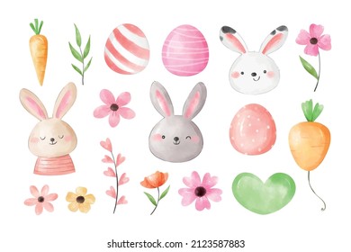 Draw vector illustration character collection bunny eggs flower for spring Easter day Watercolor style