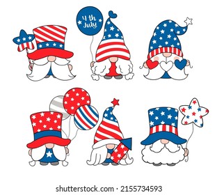 Draw vector illustration character collection gnome for Independence day 4 th of July Doodle cartoon style