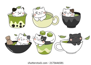 Draw vector illustration character collection matcha cats in cup Green tea concept Doodle cartoon style
