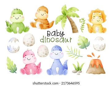 Draw Vector Illustration Character Collection Baby Dinosaur Dino For Kids Watercolor Style