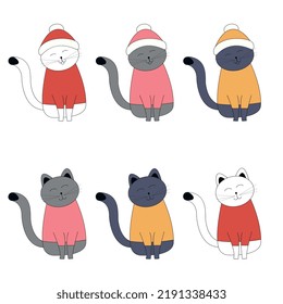 Draw vector illustration character collection funny cat. Doodle cartoon style