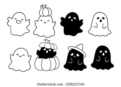 Draw vector illustration character collection silhouette ghost for cut file Halloween concept Doodle cartoon style