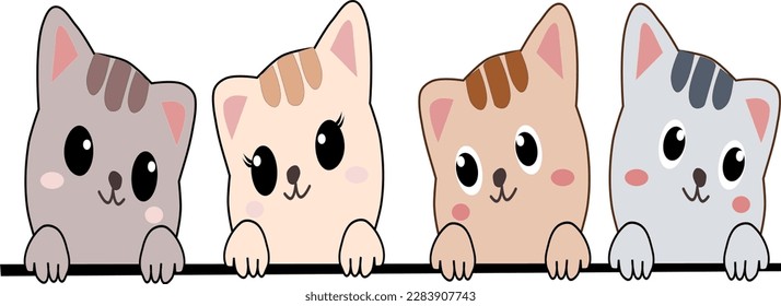 Draw vector illustration character collection cute cats. Kids drawing. Smiley face happy cats. Little kittens.