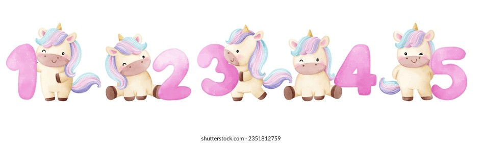 Draw vector illustration character collection unicorn number Watercolor painting style